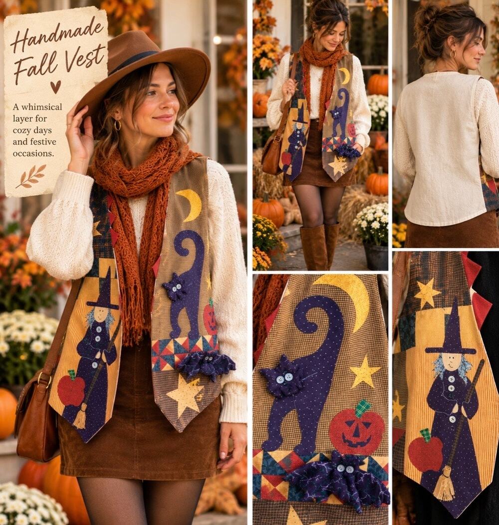 Handmade Halloween Fall Vest Witch Cat Bat Pumpkin Patchwork Quilted Look